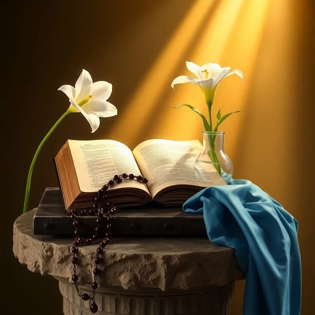 Rosario de madera, escapulario y Medalla Milagrosa sobre una Biblia antigua, iluminados por luz suave.