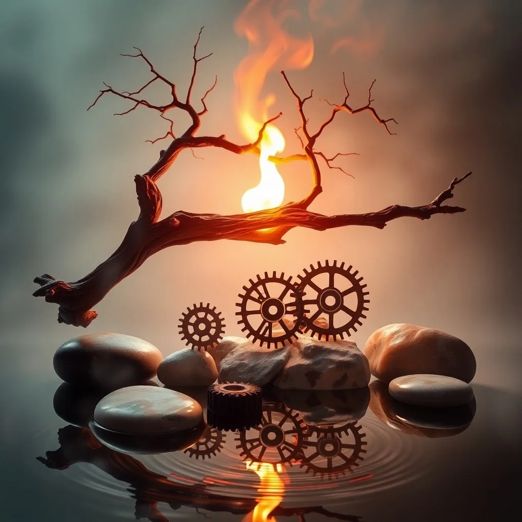 Cinematic still life photography, an ancient Chinese compass surrounded by five distinct, naturally occurring elements: a polished wooden block, a flickering candle, rich soil, a gleaming metal coin, and a small pool of water, soft, diffused lighting, focus on texture and interaction, NO humans, NO faces, NO people.