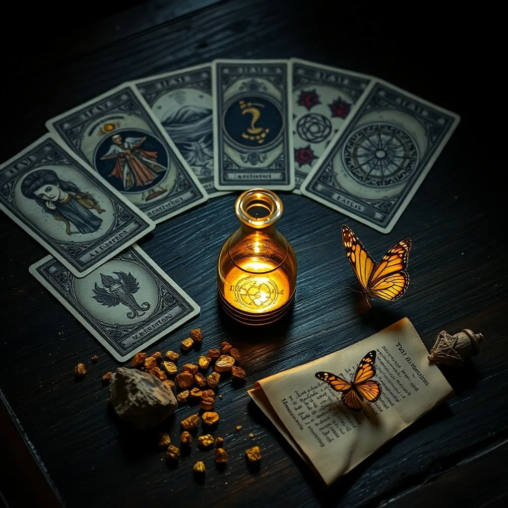 Cinematic still life of an ancient alchemical grimoire open on a dark table, surrounded by antique brass instruments and dried herbs, illuminated by a flickering candle.
