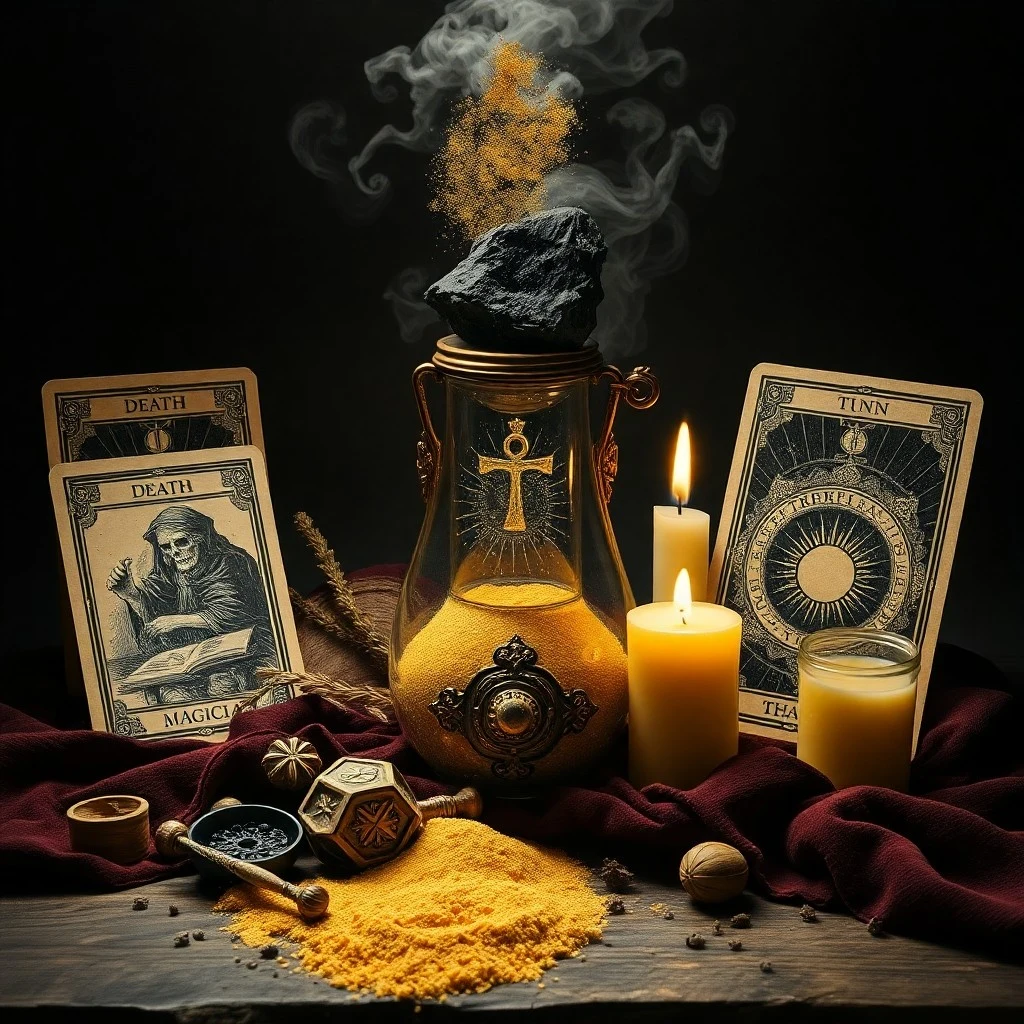 Watercolor painting of a golden crucible overflowing with shimmering liquid, surrounded by ethereal mist and swirling energy, symbolizing the culmination of alchemical transformation.