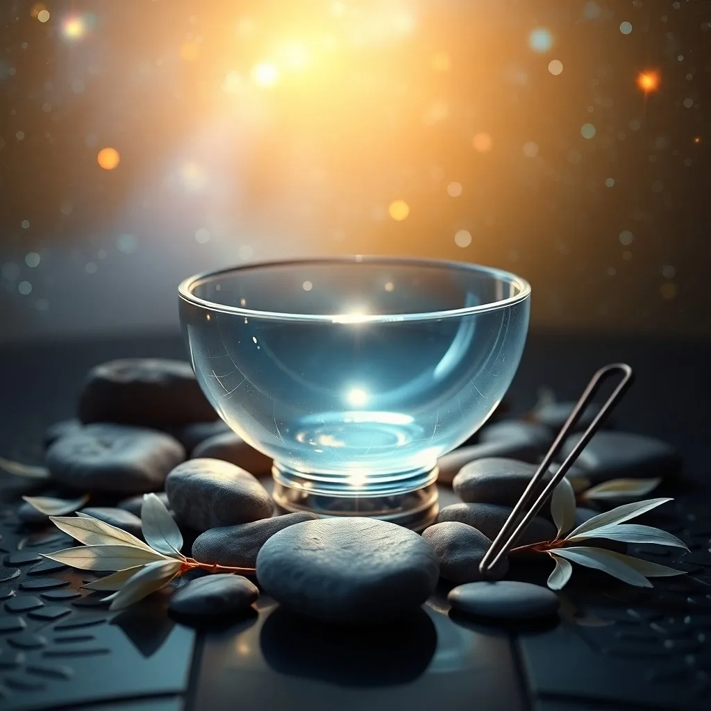 Close-up of an antique Tibetan singing bowl on velvet, illuminated by soft light.