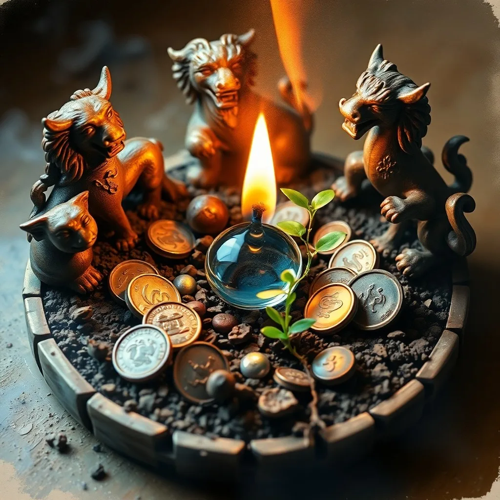 Conceptual art of a delicate glass sphere with swirling elemental energies suspended above a weathered stone tablet inscribed with abstract Chinese zodiac animal glyphs.