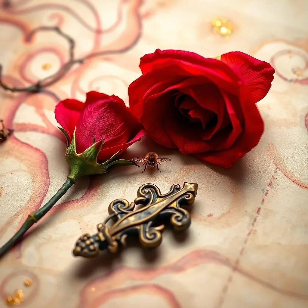 Una rosa roja solitaria con un tallo espinoso, delicadamente posada sobre un antiguo manuscrito con letras doradas, evocando la paciencia y el sufrimiento transformado en belleza.