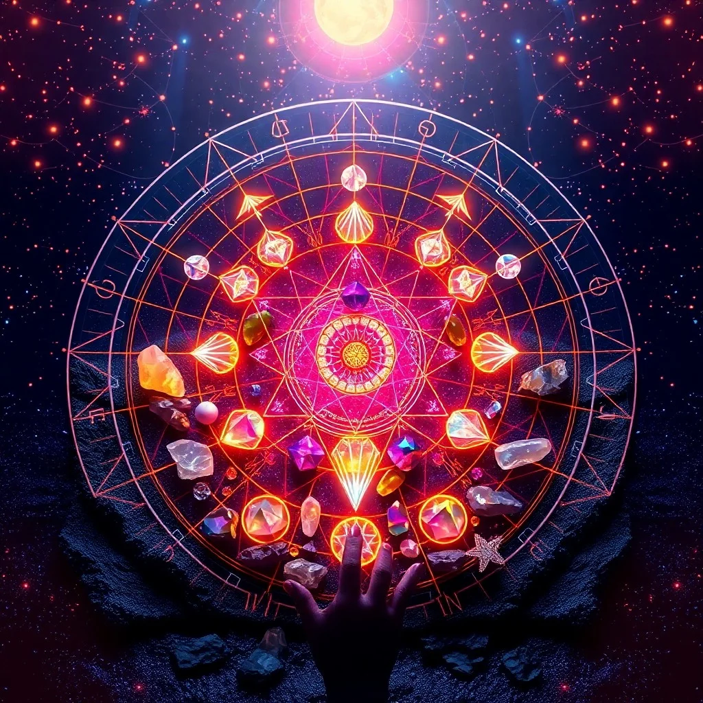 Pintura conceptual al óleo que representa líneas de energía fluyendo desde un cristal central brillante sobre un patrón geométrico sagrado. Manos se posan suavemente sobre la rejilla, emitiendo luz sutil, simbolizando la activación y el establecimiento de intenciones.