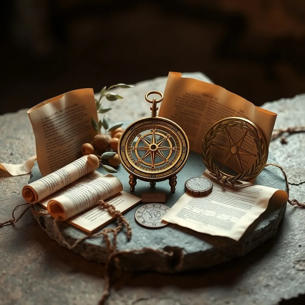 Close-up still life of an antique bronze astrolabe, a worn papyrus scroll with Greek astrological symbols, a stylus, and an oil lamp on a marble table, hyperrealistic digital painting, no human elements.