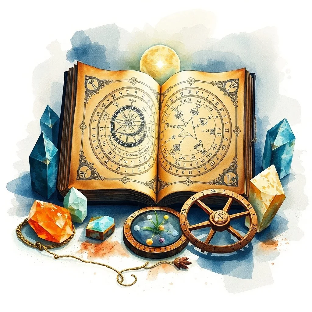 Pergamino antiguo con cartas astrológicas y reloj de arena simbolizando el karma