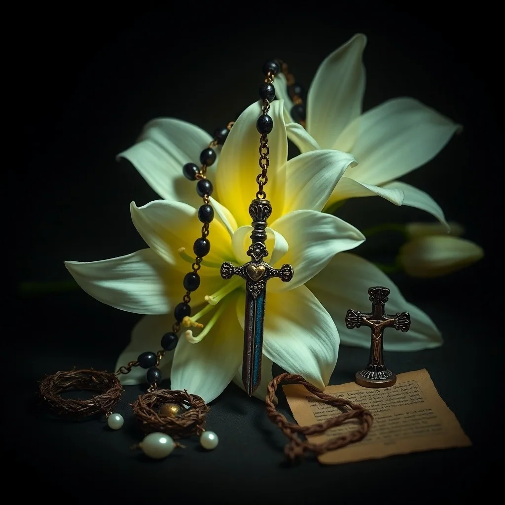 Primer plano de una espada antigua con una lágrima, simbolizando la profecía de Simeón a la Madre de Jesús.