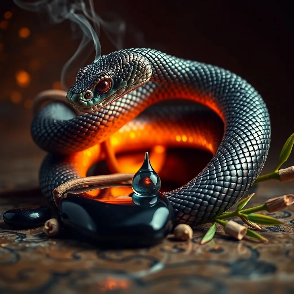 Fotografía de bodegón de objetos antiguos: un pergamino con caligrafía, un amuleto de jade en forma de serpiente y un trozo de piel de serpiente mudada, bajo una luz dramática.