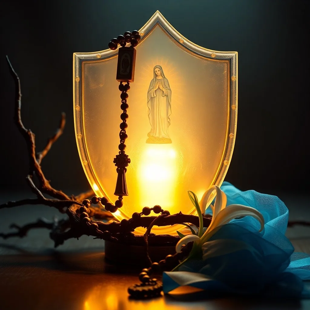 Libro de oraciones antiguo, crucifijo de madera y rosario sobre una piedra, iluminados por velas.