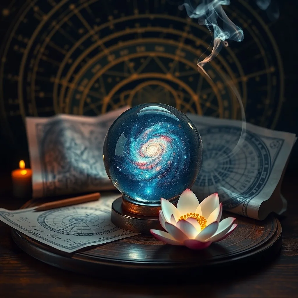 Fotografía cinematográfica de cuencos de meditación antiguos y cristales sobre un altar de madera, iluminados por la luz de la luna.