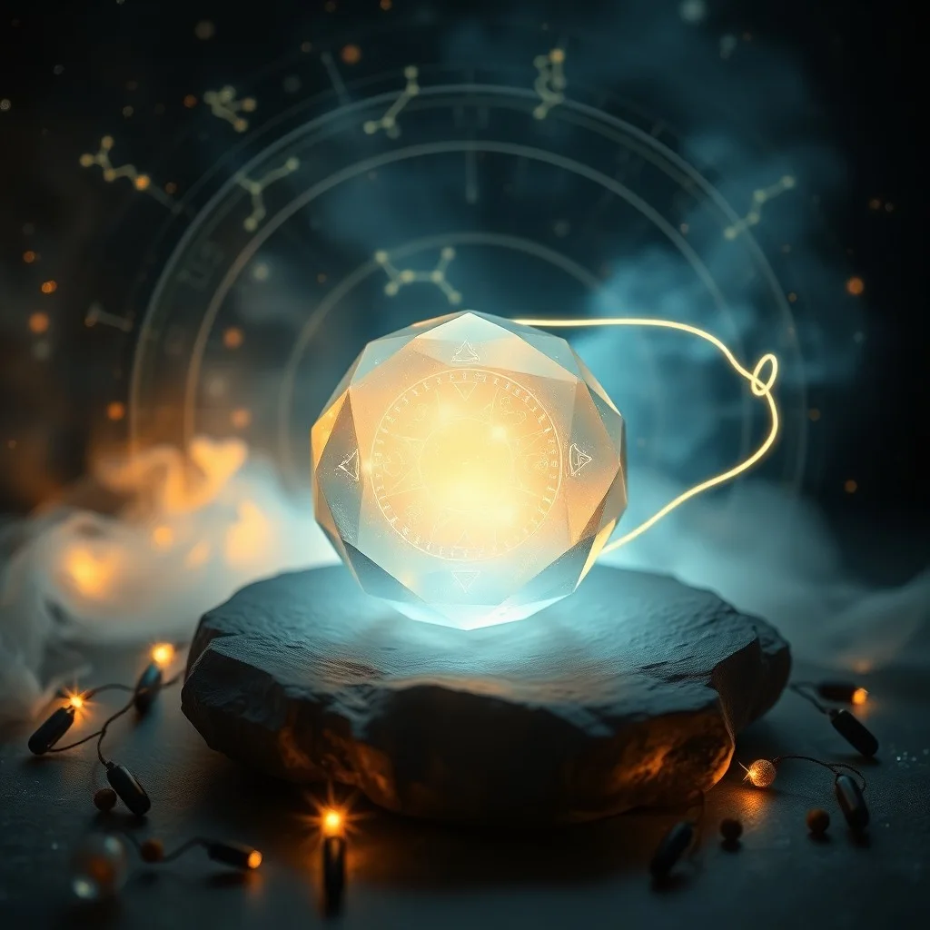 Pintura acuarela de un mapa celestial estilizado con símbolos zodiacales, un orbe brillante en el centro y polvo cósmico.