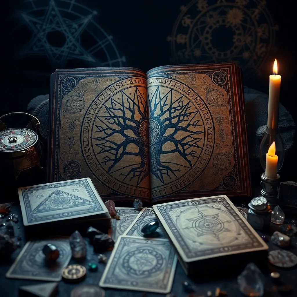 A stylized, glowing representation of the Tree of Life (Kabbalah) with ten interconnected spheres (Sephiroth) and twenty-two paths. Tarot cards are subtly integrated into the paths, suggesting their connection. Dark, cosmic background with nebulae. No human figures.