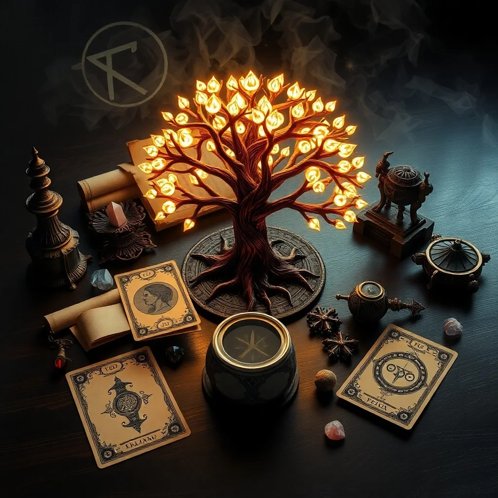 A close-up still life of an open, antique Qabalah text, with a single, aged Tarot card (e.g., The Magician) lying on its pages. A quill pen and a small, flickering candle are beside it, casting dramatic shadows. Rich, dark colors, focus on texture and ancient wisdom.