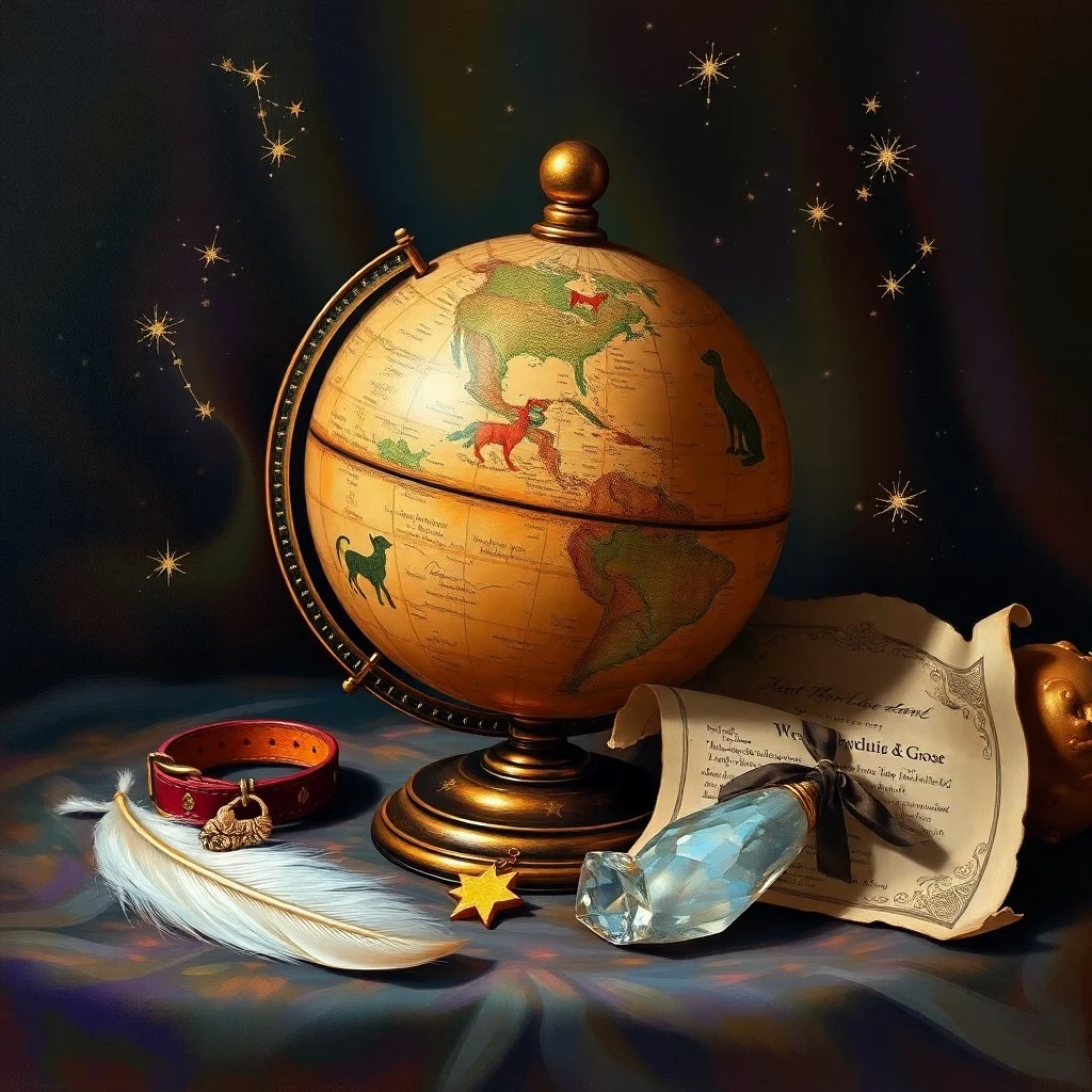 An antique brass telescope pointing towards a starry night sky with a book and astrological chart.