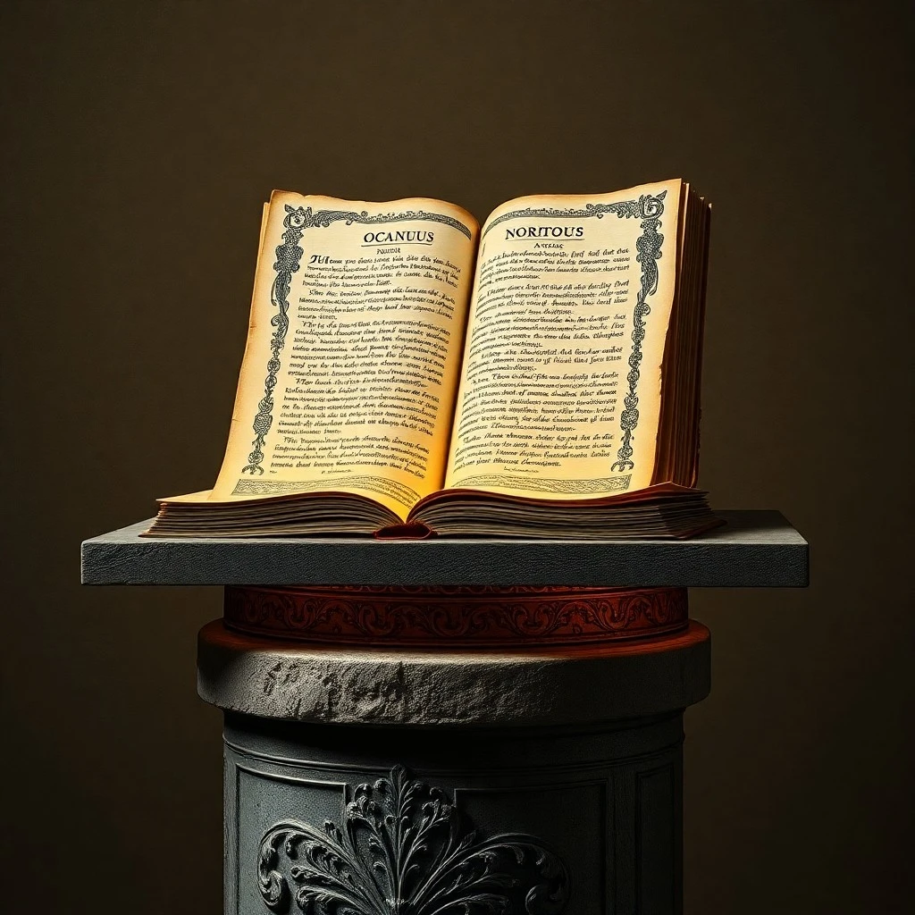 Pergamino antiguo desenrollado sobre un escritorio de madera, con una pluma y un libro abierto con símbolos crípticos, iluminado por una luz etérea.