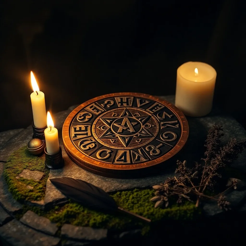 Oil painting of a leather pouch with rune stones and an open ancient book on a wooden table.