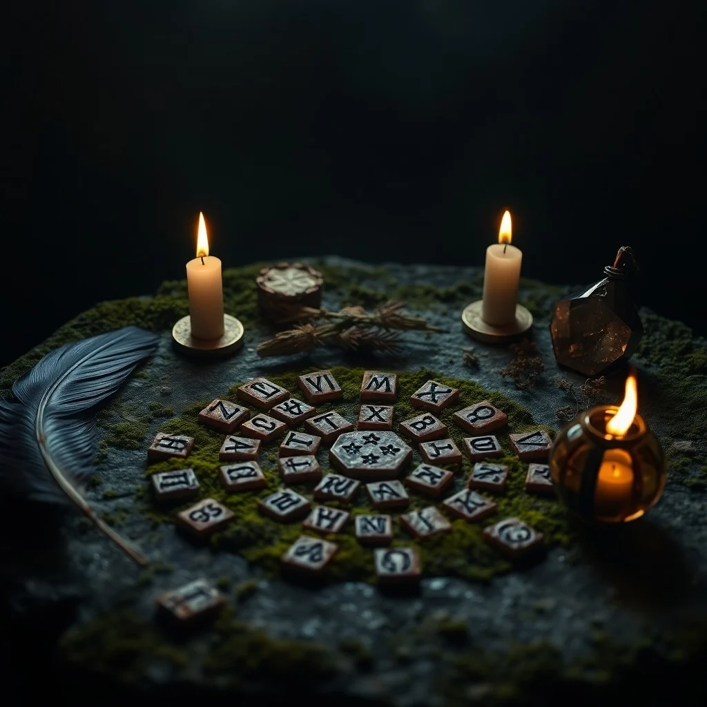 3D digital illustration of cosmic runic symbols with ethereal glowing lines connecting stars.