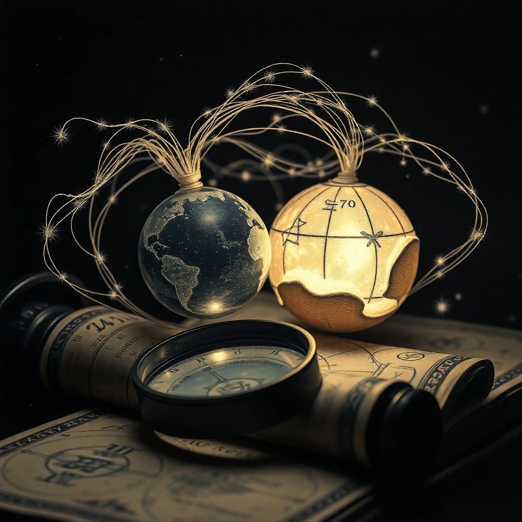 Cinematic still life of an antique brass astrolabe surrounded by scattered polished gemstones, illuminated by moonlight.