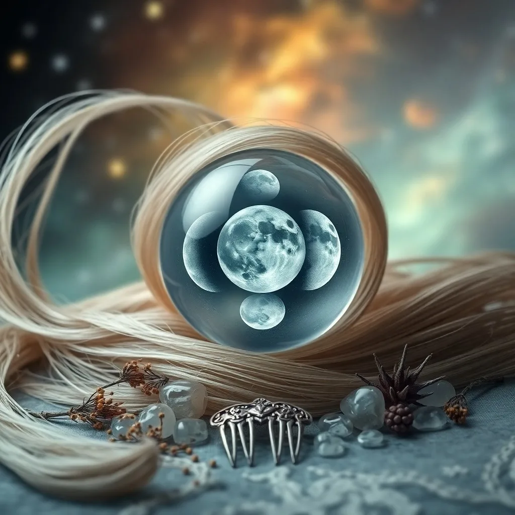 Ilustración botánica de hierbas para el cabello alrededor de una luna creciente, con un estilo vintage y colores suaves.