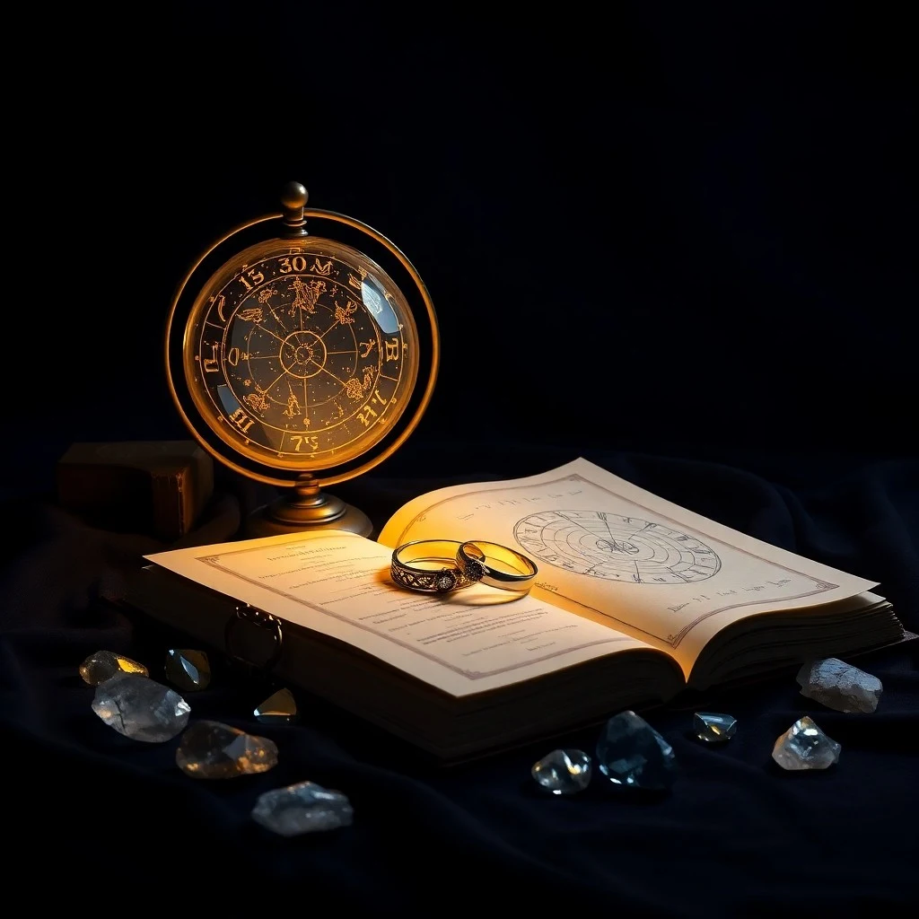 3D digital illustration of an ornate astrolabe resting on an open, ancient book with celestial charts, illuminated by soft, warm light, symbolizing astrological study.