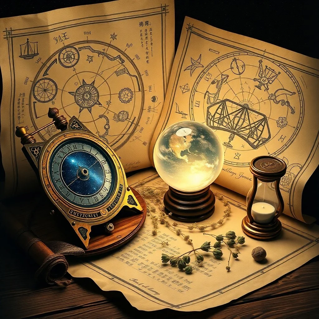 An open astrology journal with handwritten notes and a crystal ball reflecting lunar light on an antique desk.