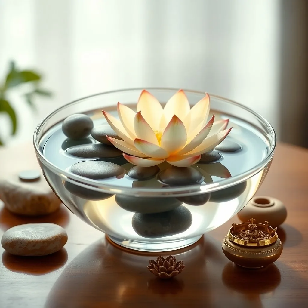 Close-up still life of a small indoor water fountain with river stones and plants