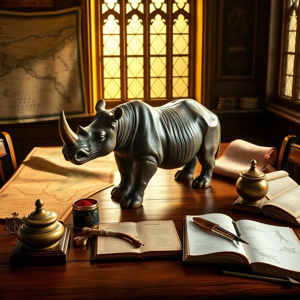 Una pintura al óleo de una figura de rinoceronte estilizada, tallada en madera oscura, reposando sobre un lujoso paño de terciopelo. Alrededor, se esparcen monedas de oro antiguas y especias exóticas, evocando un ambiente de opulencia y comercio renacentista. La iluminación es tenue, resaltando la atmósfera de una cámara real.