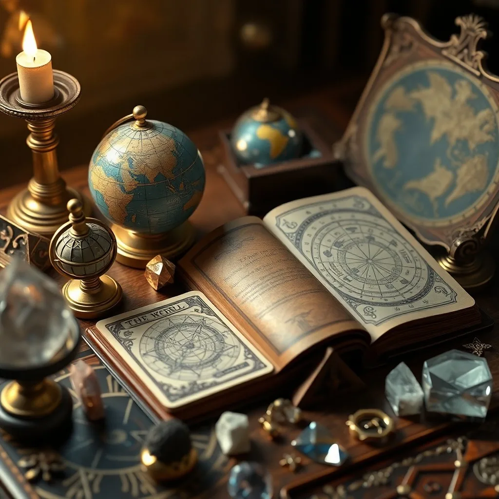 Fotografía de una mesa antigua con péndulo, libro de astrología y gemas bajo luz dramática.