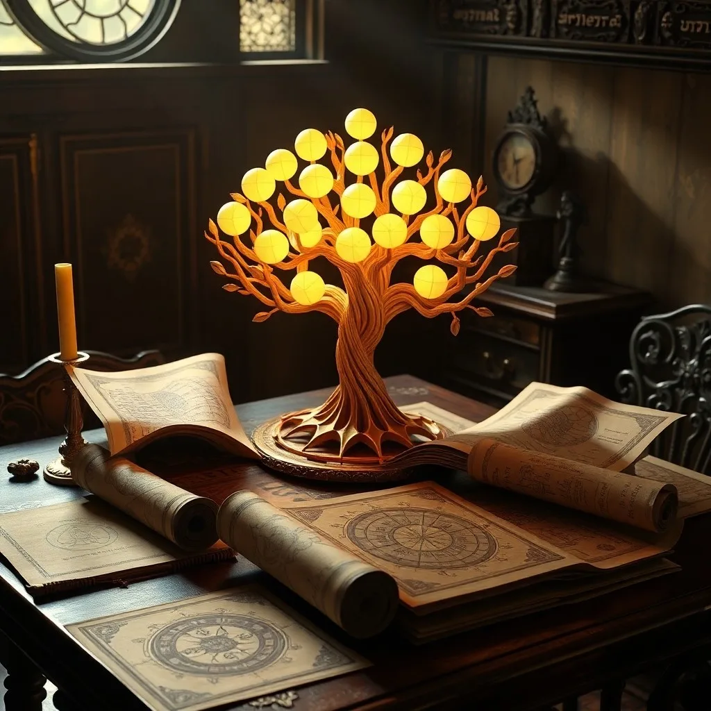 Bodegón de objetos esotéricos: astrolabio, libro antiguo con letra hebrea, y un colgante del Árbol de la Vida