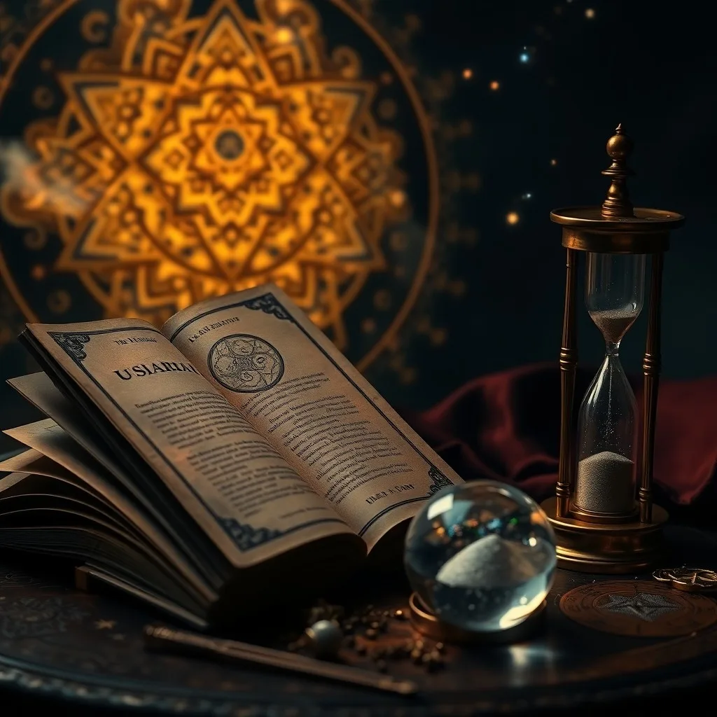 Astrolabio de latón antiguo sobre textos védicos, iluminado por un brillo etéreo. Simboliza la sabiduría antigua y la precisión astronómica.