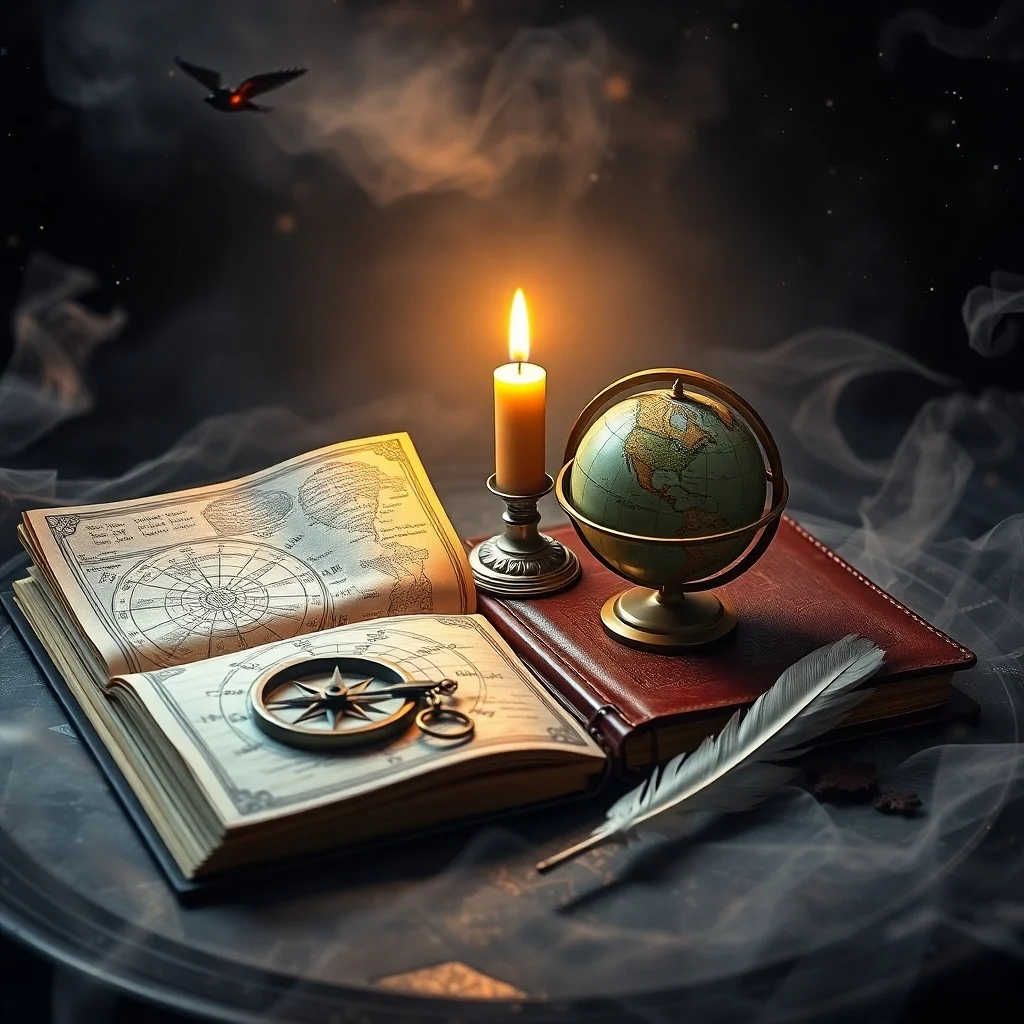 A watercolor painting depicting a vintage passport, an antique map, a carved figurine, and a teacup on a wooden desk, symbolizing cultural immersion and wanderlust.