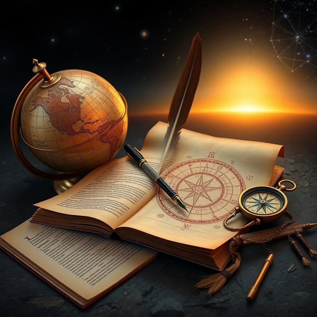 A 3D digital illustration of a glowing crystal ball resting on abstract philosophical texts, surrounded by ethereal mist and geometric patterns, symbolizing deep thought and spiritual insight.