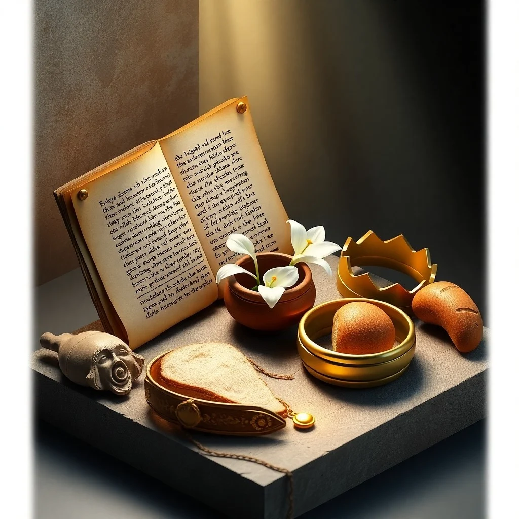 Vintage open prayer book with rosary beads and candle light