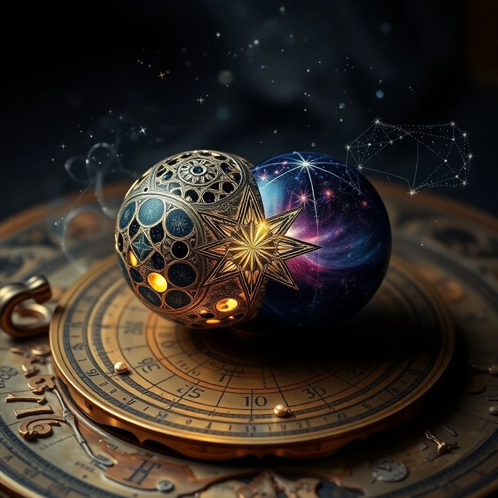 Cinematic still life featuring a vintage brass compass and an antique celestial globe on a mahogany desk, surrounded by old parchment maps, symbolizing navigation and shared destiny.