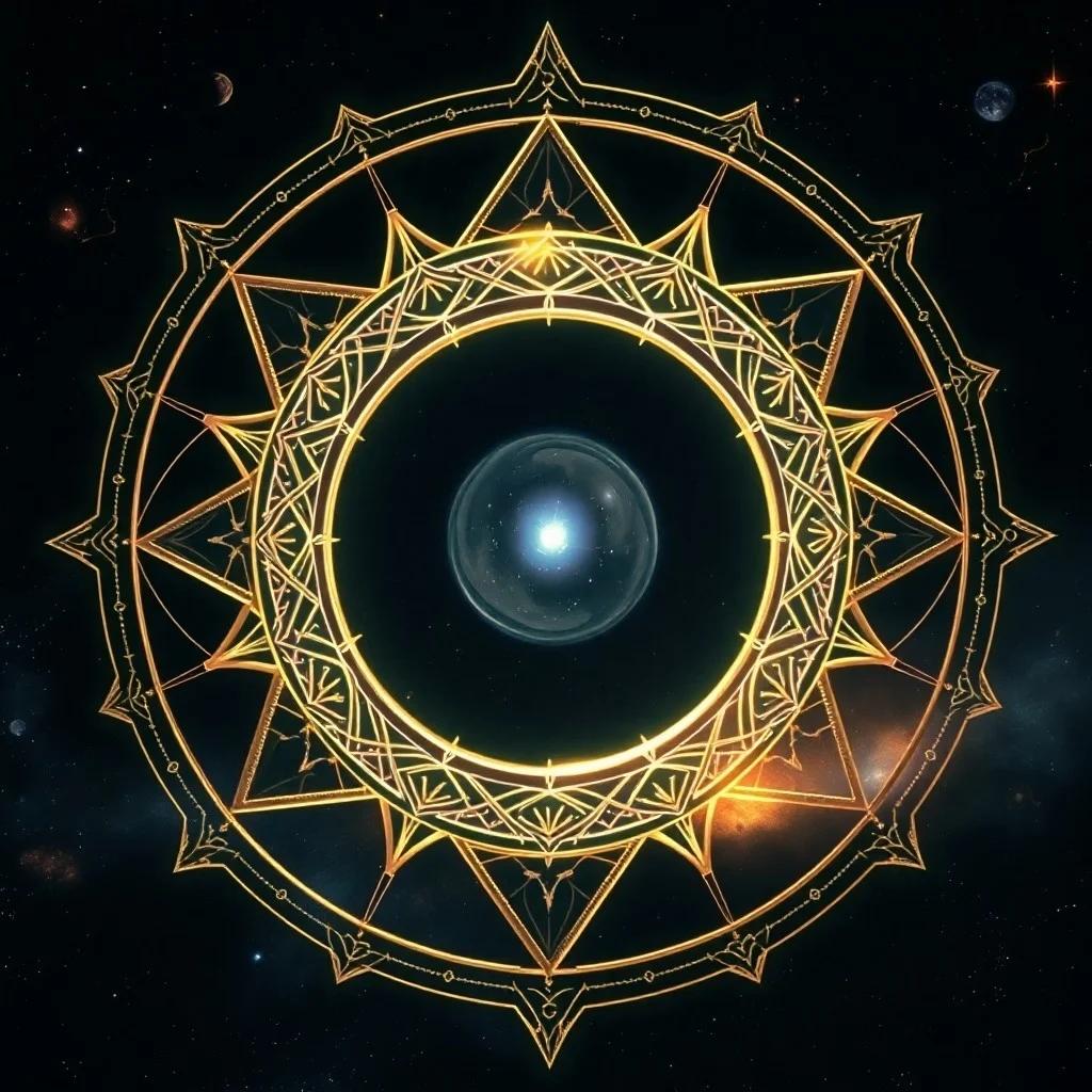 Abstract oil painting with a swirling vortex of deep blues, purples, and gold, subtly showing interconnected lines and faint star-like patterns, representing unseen energetic bonds and shared journey.