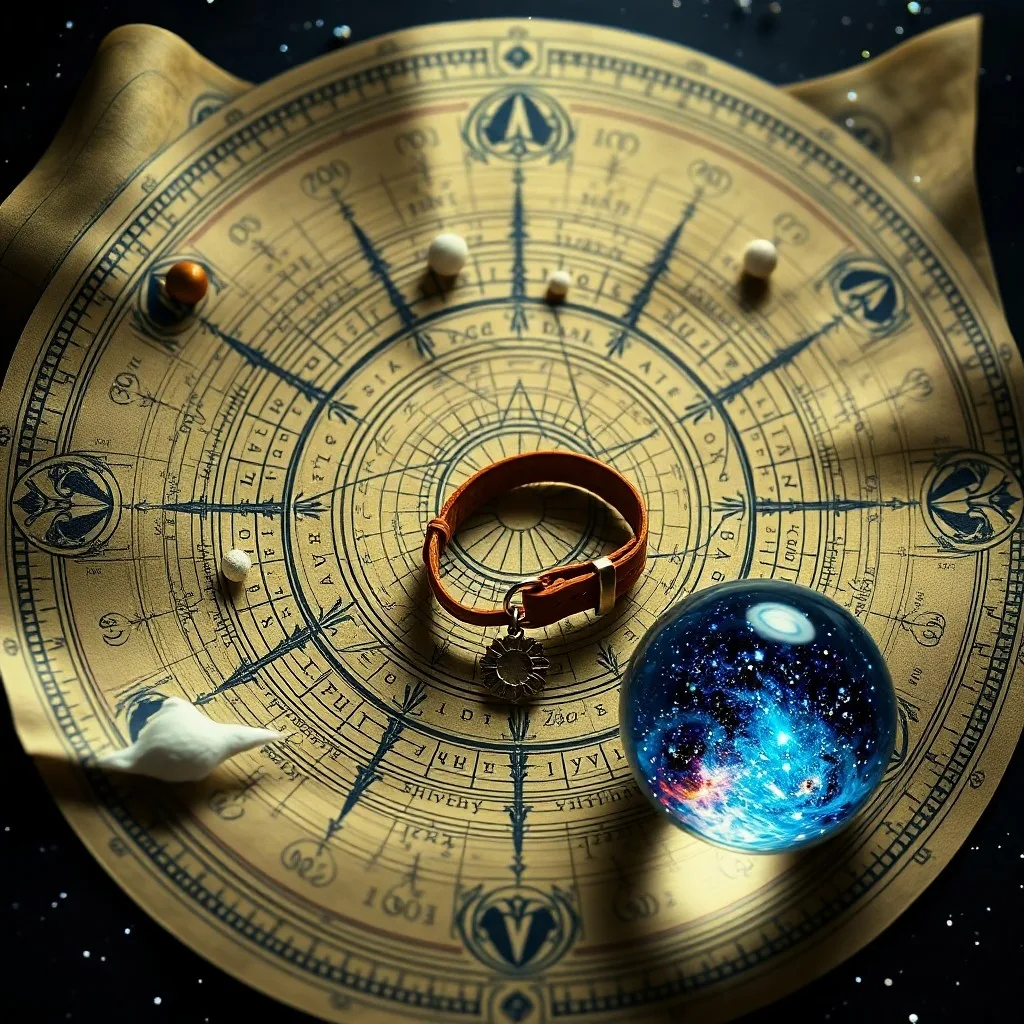 An antique celestial globe resting on a velvet cushion, surrounded by scattered pet toys under soft, warm lamplight, creating a sense of wonder and domestic comfort.