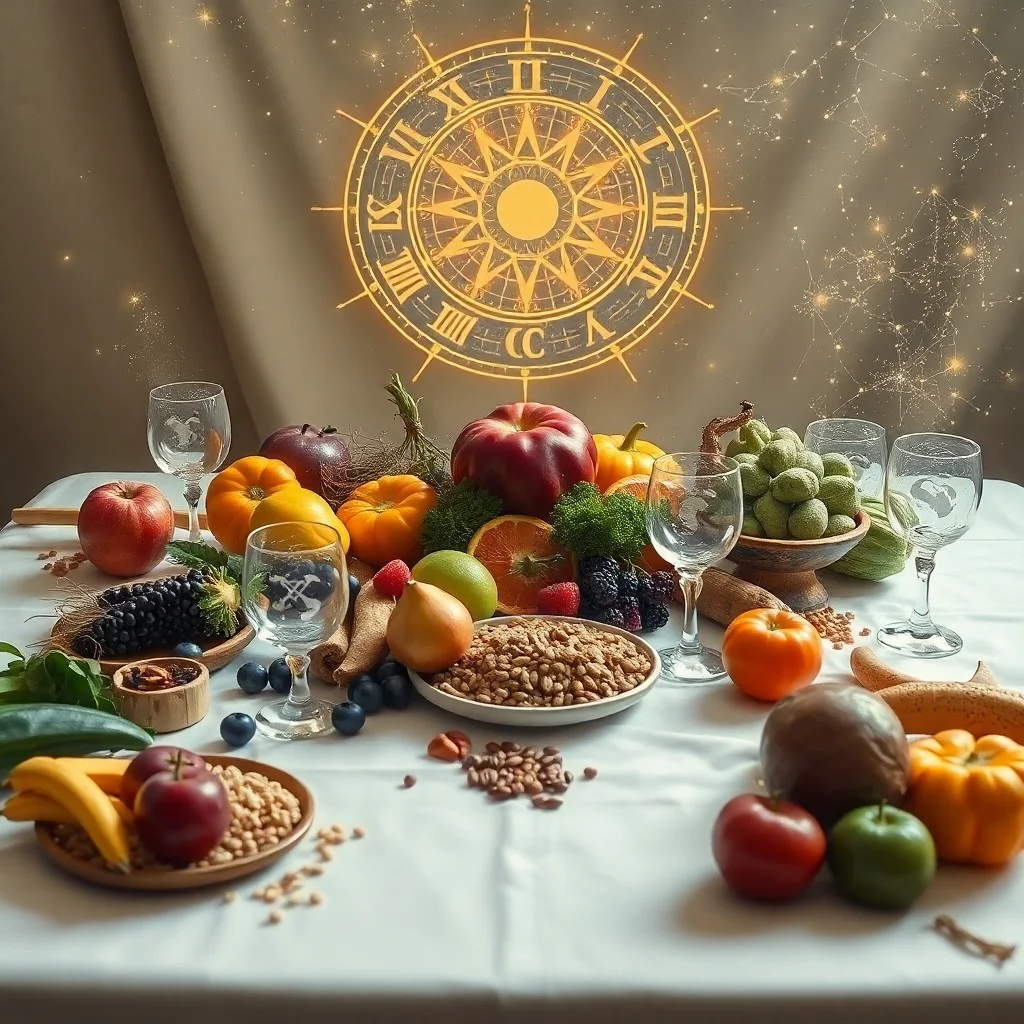 Fotografía cinematográfica de una mesa de madera con una manzana mordida, un cuaderno de astrología y una vela, simbolizando la conexión mente-cuerpo.