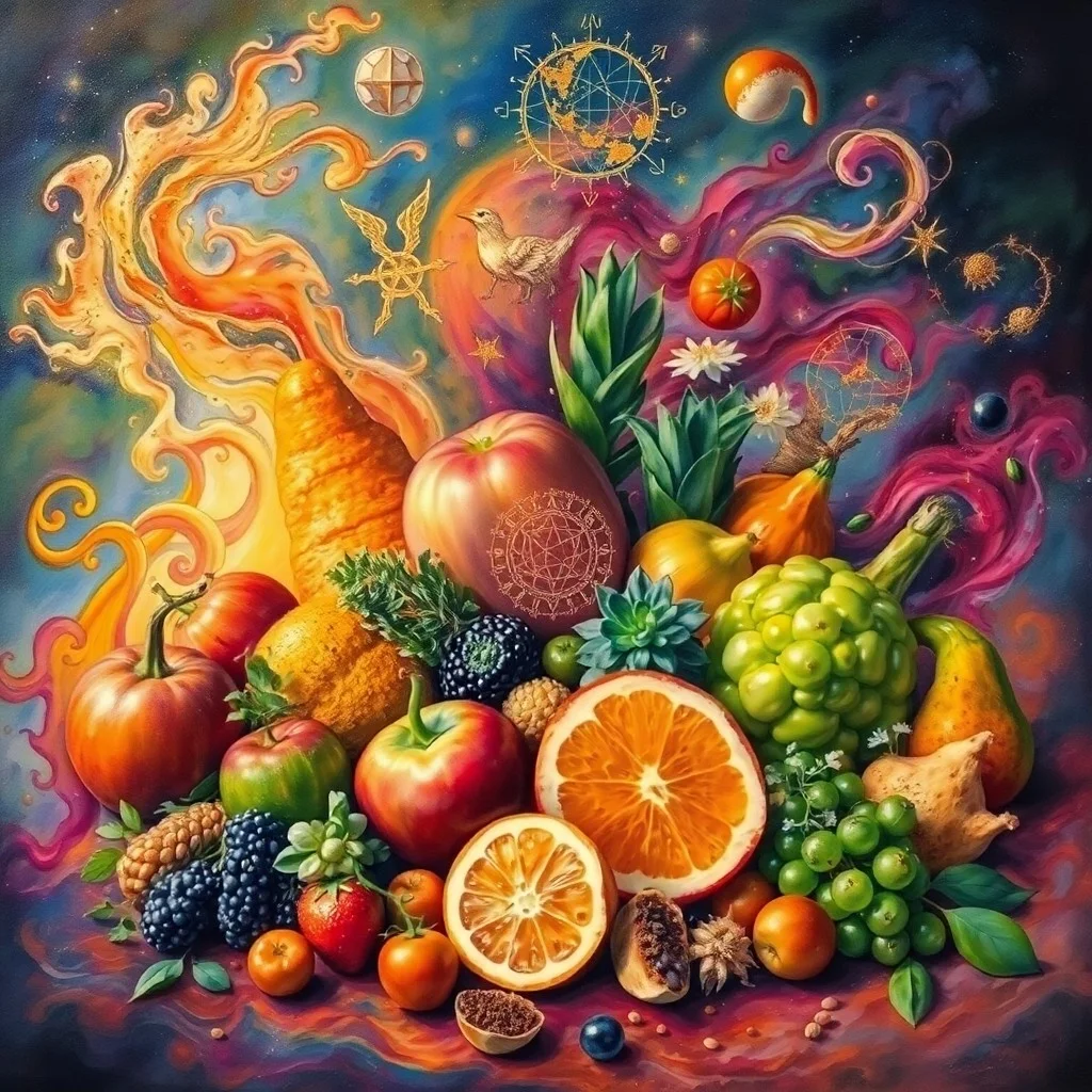 Pintura acuarela de colores vibrantes representando los cuatro elementos (fuego, tierra, aire, agua) girando alrededor de una semilla brillante.