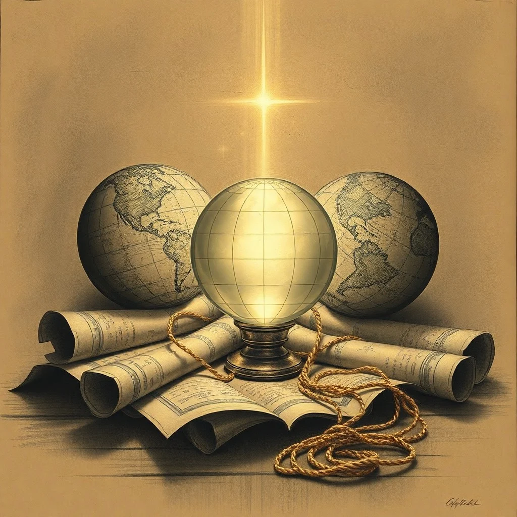 Arte conceptual de hilos dorados entrelazados formando patrones complejos sobre un fondo índigo aterciopelado, con sutiles destellos de luz, simbolizando el destino y las conexiones kármicas.
