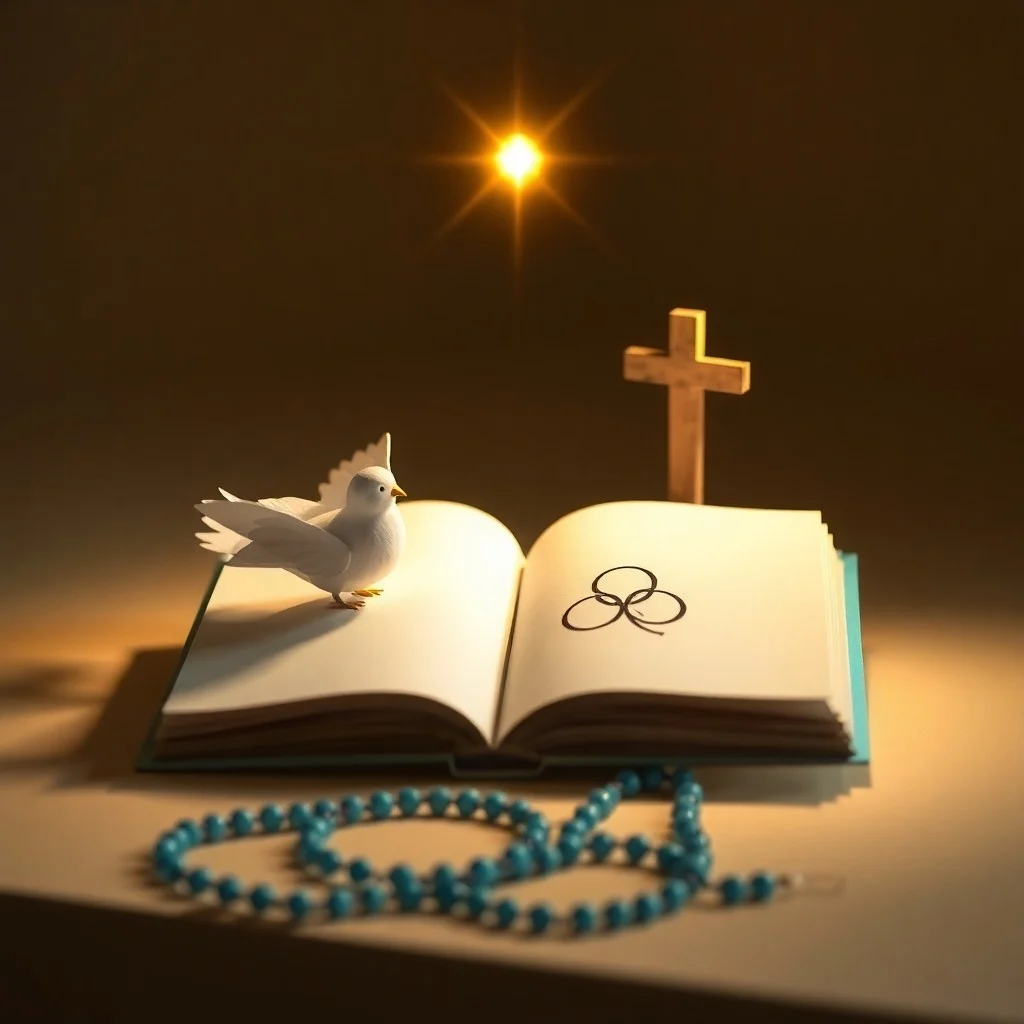 Fotografía cinematográfica de un libro abierto con páginas iluminadas, rodeado de una sutil niebla y una vela parpadeante, evocando sabiduría, guía e inspiración divina.