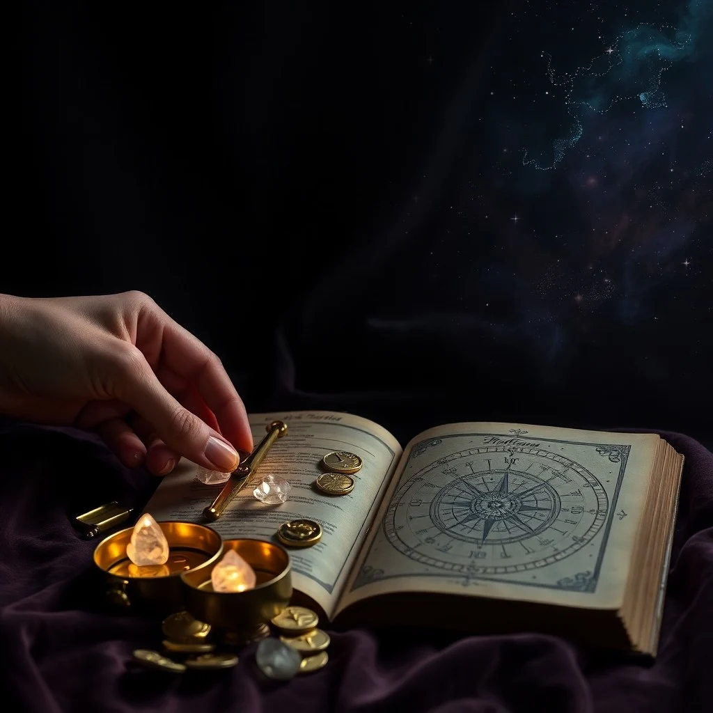 A detailed 3D render of an ancient astrological scroll on a dark wooden table, surrounded by glowing crystals and a quill pen, with intricate zodiac symbols.