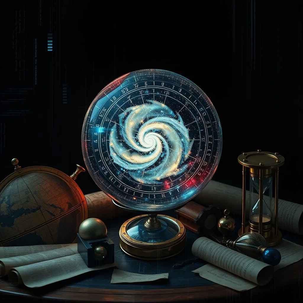 A digital illustration of a weathered ancient scroll on a stone table, depicting historical timelines and planetary symbols, with a quill and inkwell nearby, set in a scholarly library.