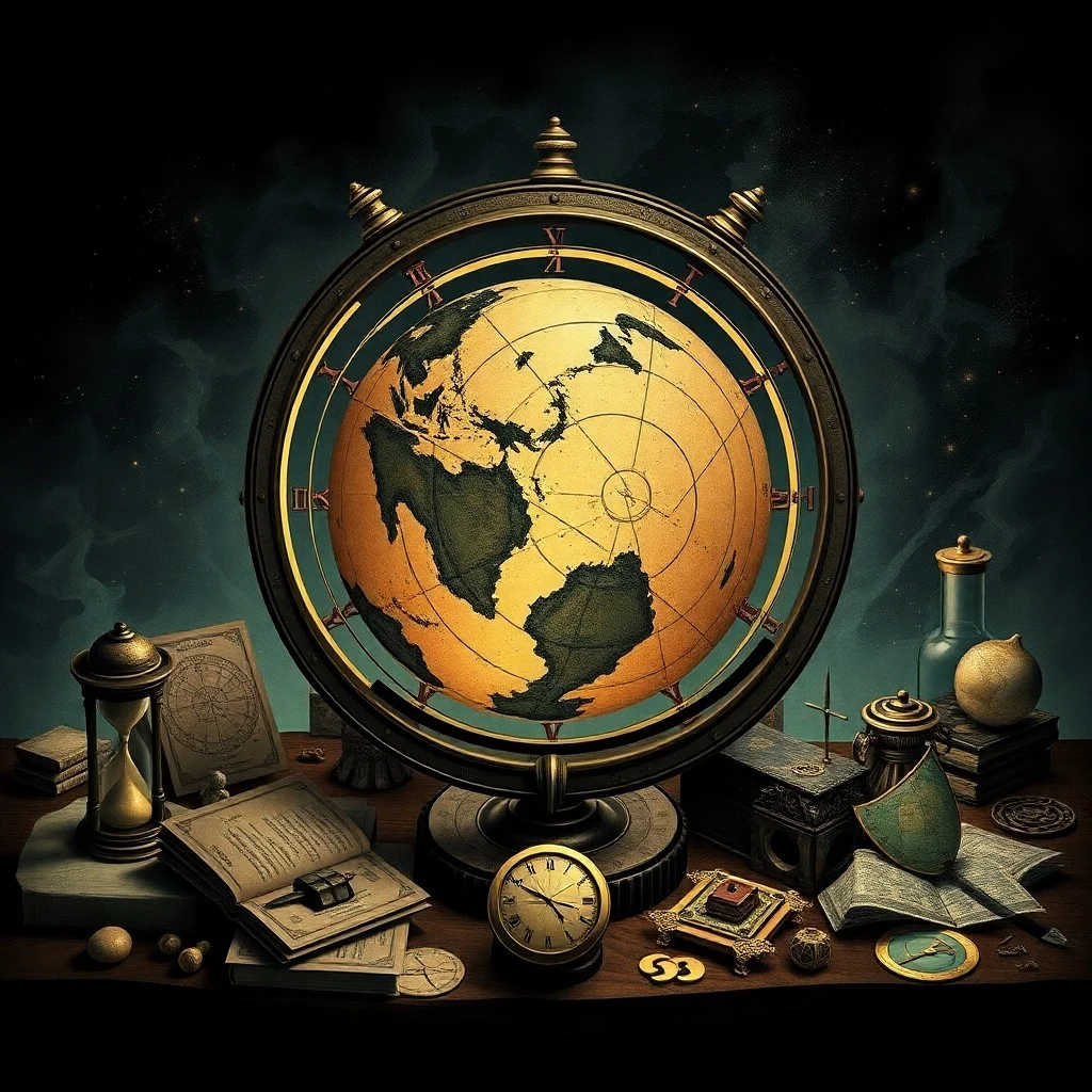 A conceptual art piece depicting a shattered glass globe, with fragments reflecting historical eras and societal changes. Planetary orbits are subtly etched into the shards, and an ethereal light emanates from within, creating a dark, contemplative atmosphere.