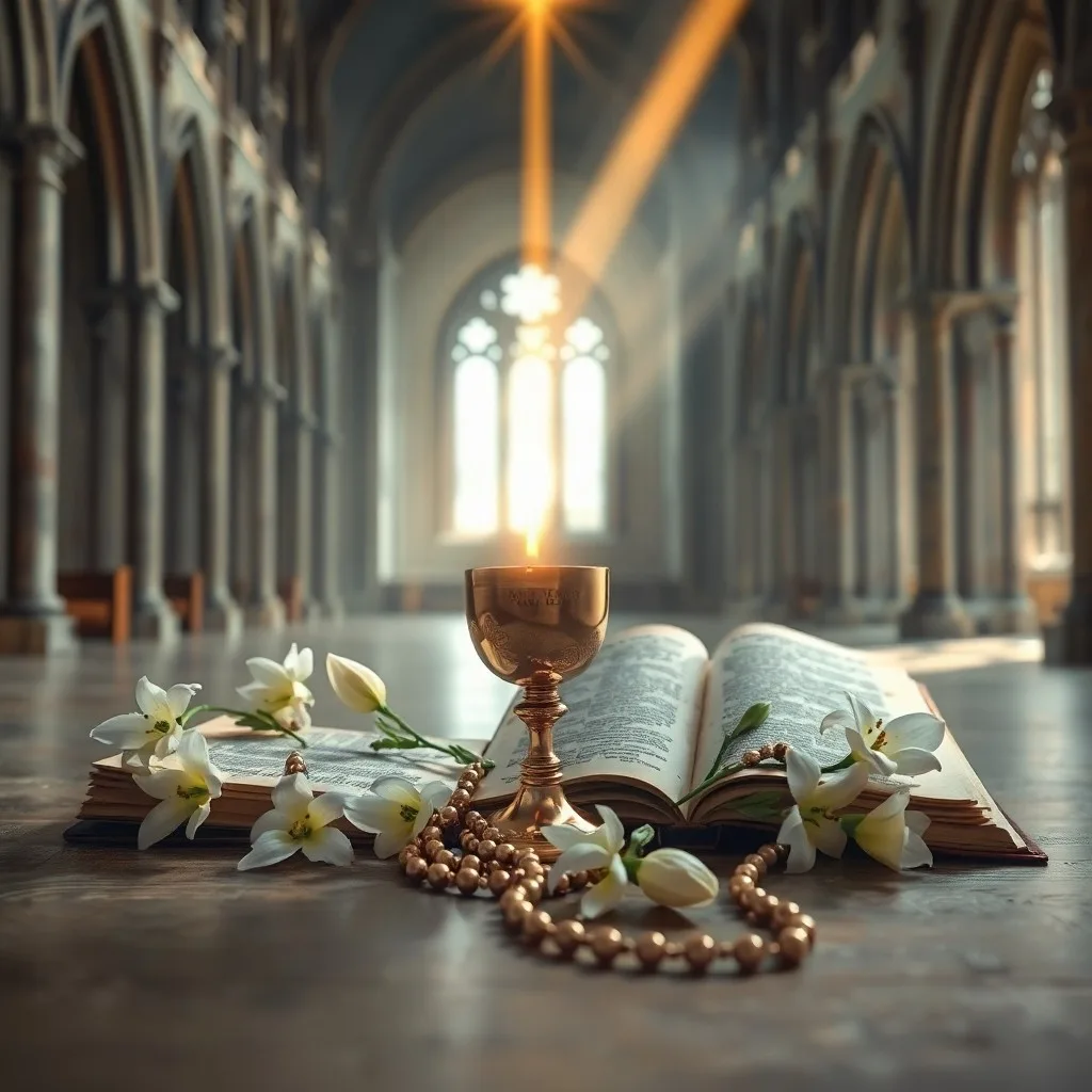 Libro de oración antiguo abierto sobre un altar de madera, con un rosario y luz divina, simbolizando devoción y conexión espiritual.