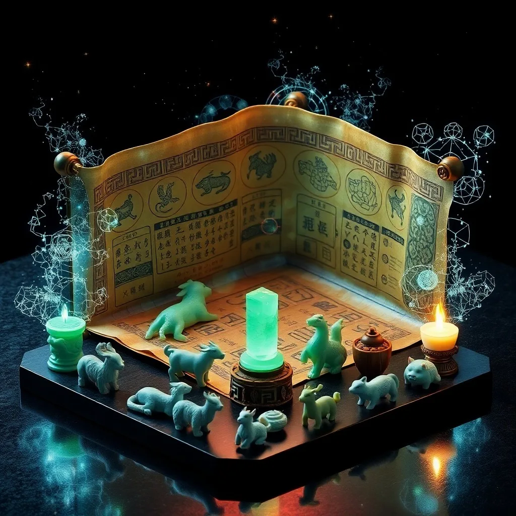 Fotografía de bodegón de un pergamino antiguo de caligrafía china, con símbolos y criaturas míticas, sobre una mesa de madera oscura. Una lámpara de aceite ilumina la escena, creando sombras y un ambiente de sabiduría ancestral.