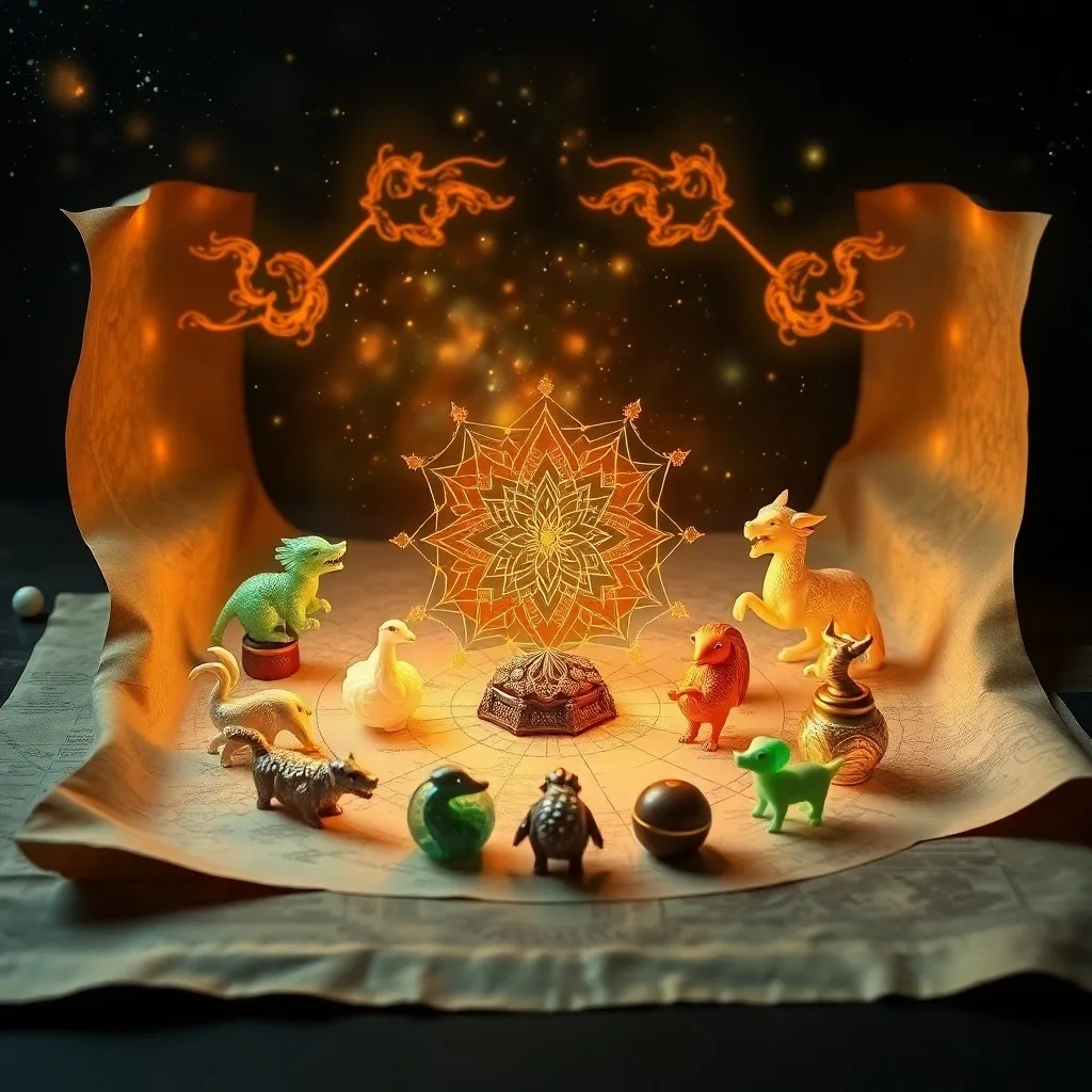 Renderizado 3D conceptual de doce esculturas geométricas minimalistas de animales del zodiaco chino, dispuestas en un círculo sobre un pedestal de jade pulido, con iluminación suave y un fondo cósmico borroso.