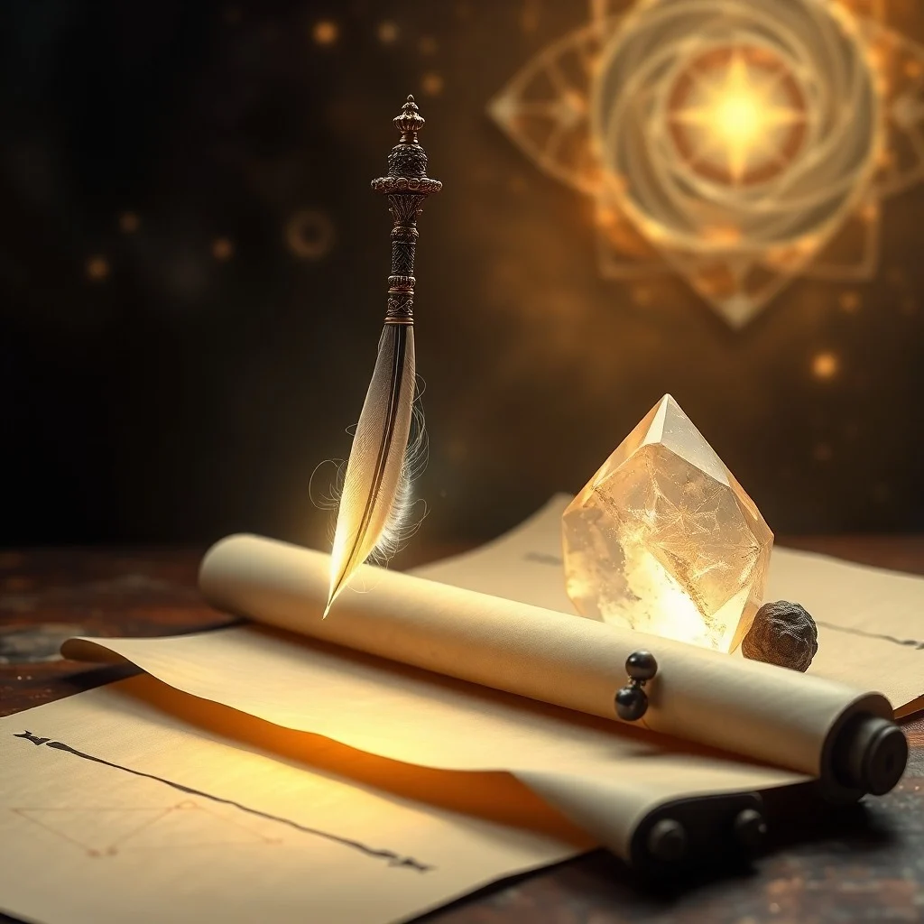 Close-up still life of an open, aged leather journal with intricate script, a glowing crystal ball, runic stones, and dried herbs on a wooden altar, evoking esoteric wisdom.