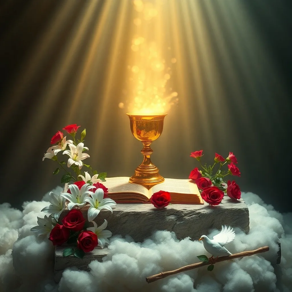 Antiguo pergamino bíblico en un altar de piedra, iluminado por un rayo de luz, con ilustraciones.