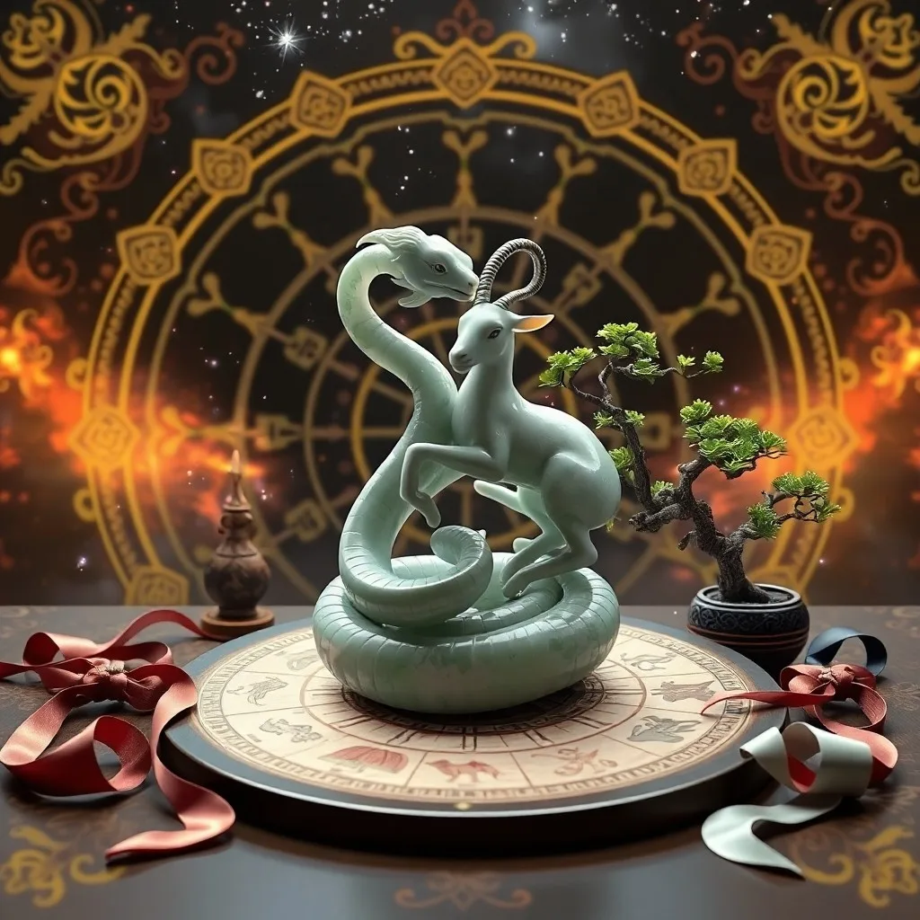 Cinematic still life of an antique Chinese calligraphy brush on a scroll with an unfinished poem, beside it a small, intricately carved jade goat figurine, illuminated by soft, warm light.