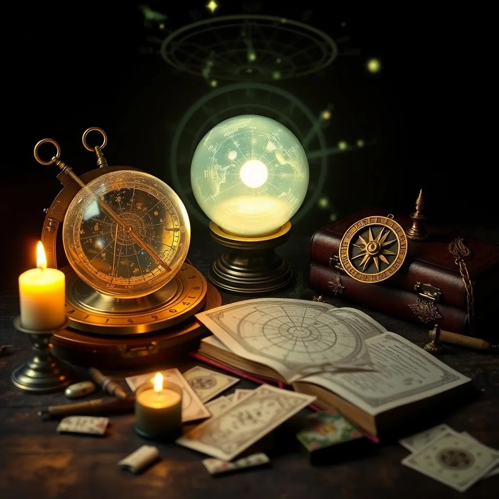 Antiguo astrolabio de latón sobre un libro de astrología abierto, con notas manuscritas y una pluma, iluminado por luz de vela.